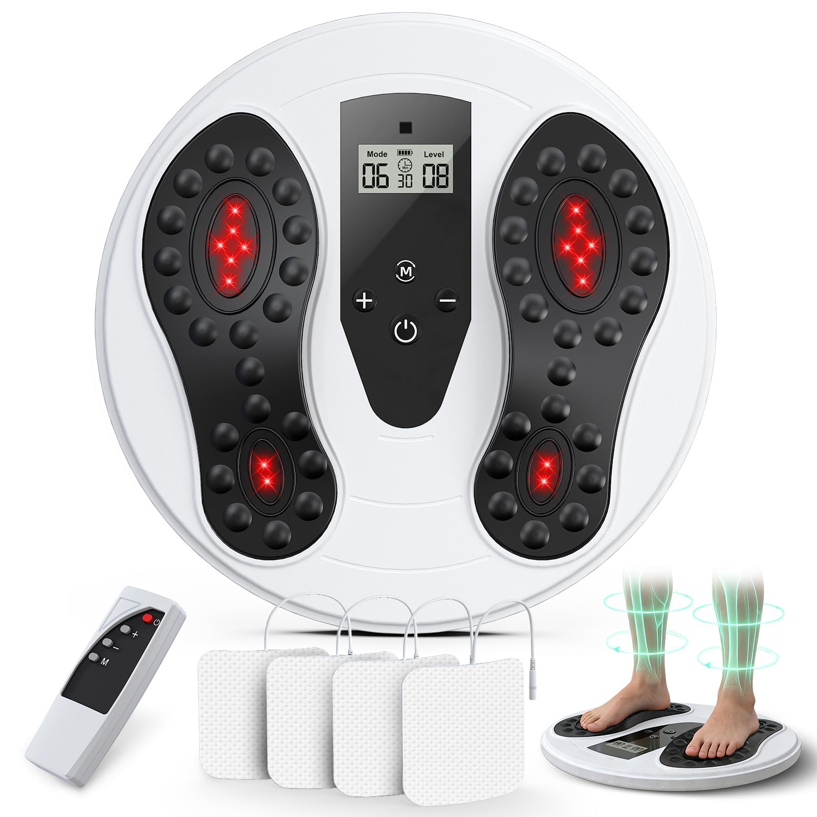 EMS & TENS Fußmassagegerät mit 660nm + 850nm Rotlichttherapie, Durchblutungs-Stimulator für Beine und Füße, Elektrische Fußmassage mit 4 Pads, 10 Modi & 20 Intensitätsstufen
