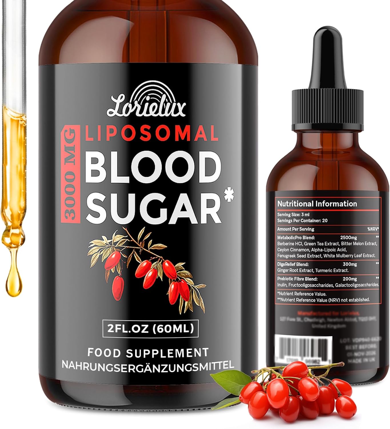 Liposomal Blood Sugar Support Drops – 3000 mg Advanced Formula with Ceylon Cinnamon for Glucose Support Digestive & Metabolic Health, Non-GMO Vegan – 60 ml Liquid Supplement