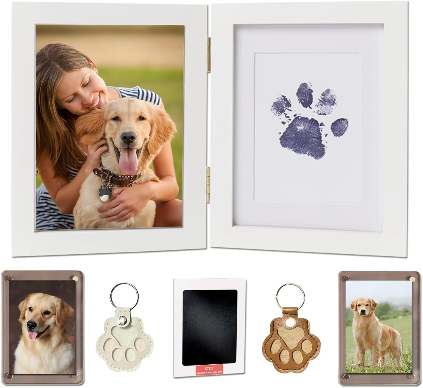 Paw Print Kit for Dogs & Cats, Paw Print Impression Kit with 5x7 Wooden Photo Frame, Hair Keepsake Keychain & Fridge Magnet, Pet Keepsake Gift for Dog & Cat Owners