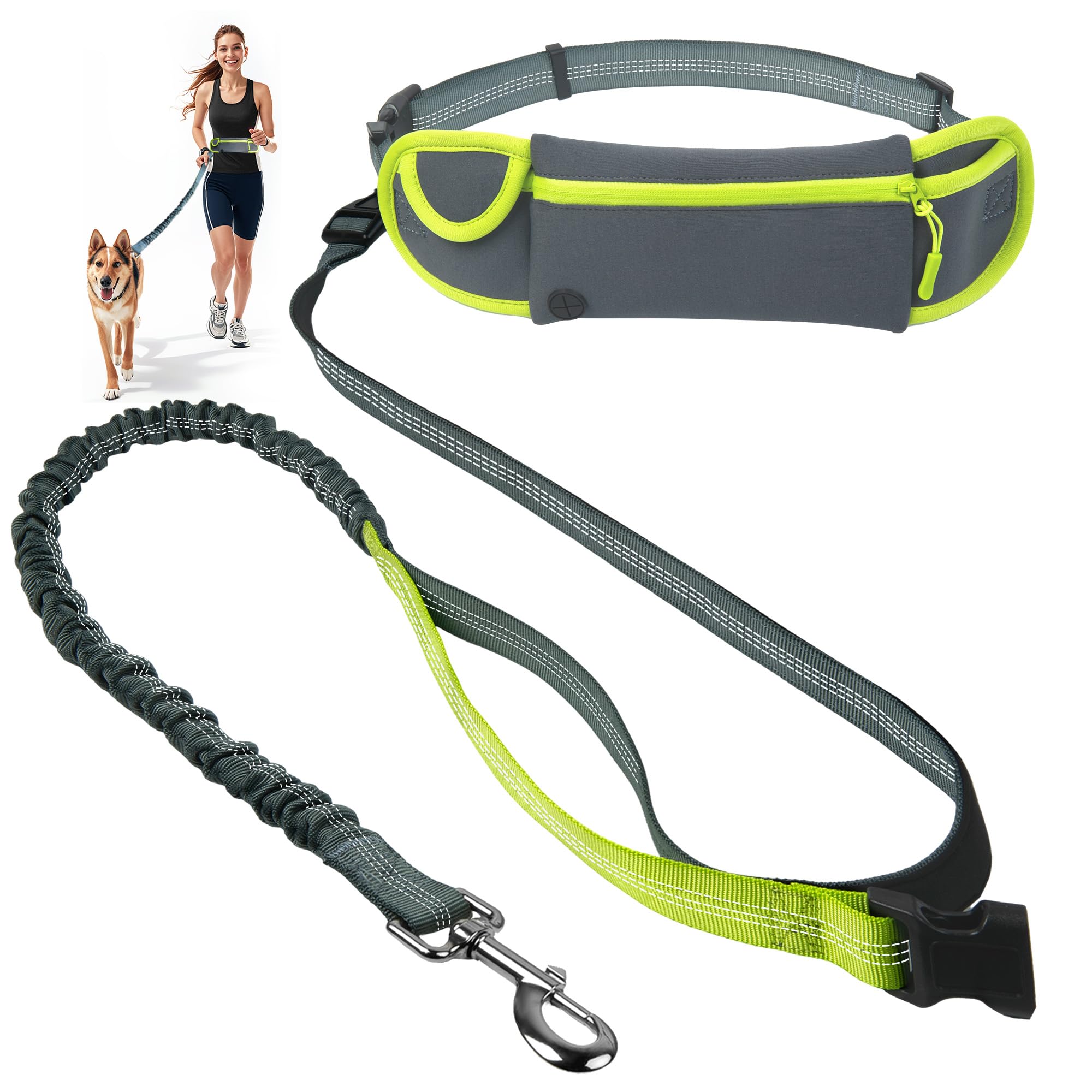 Fida 3-in-1 Hands Free Dog Leash with Zipper Pouch & Bungee, Reflective Crossbody Waist Running Leash for Dogs with Traffic Handle for Safe Walking, Jogging