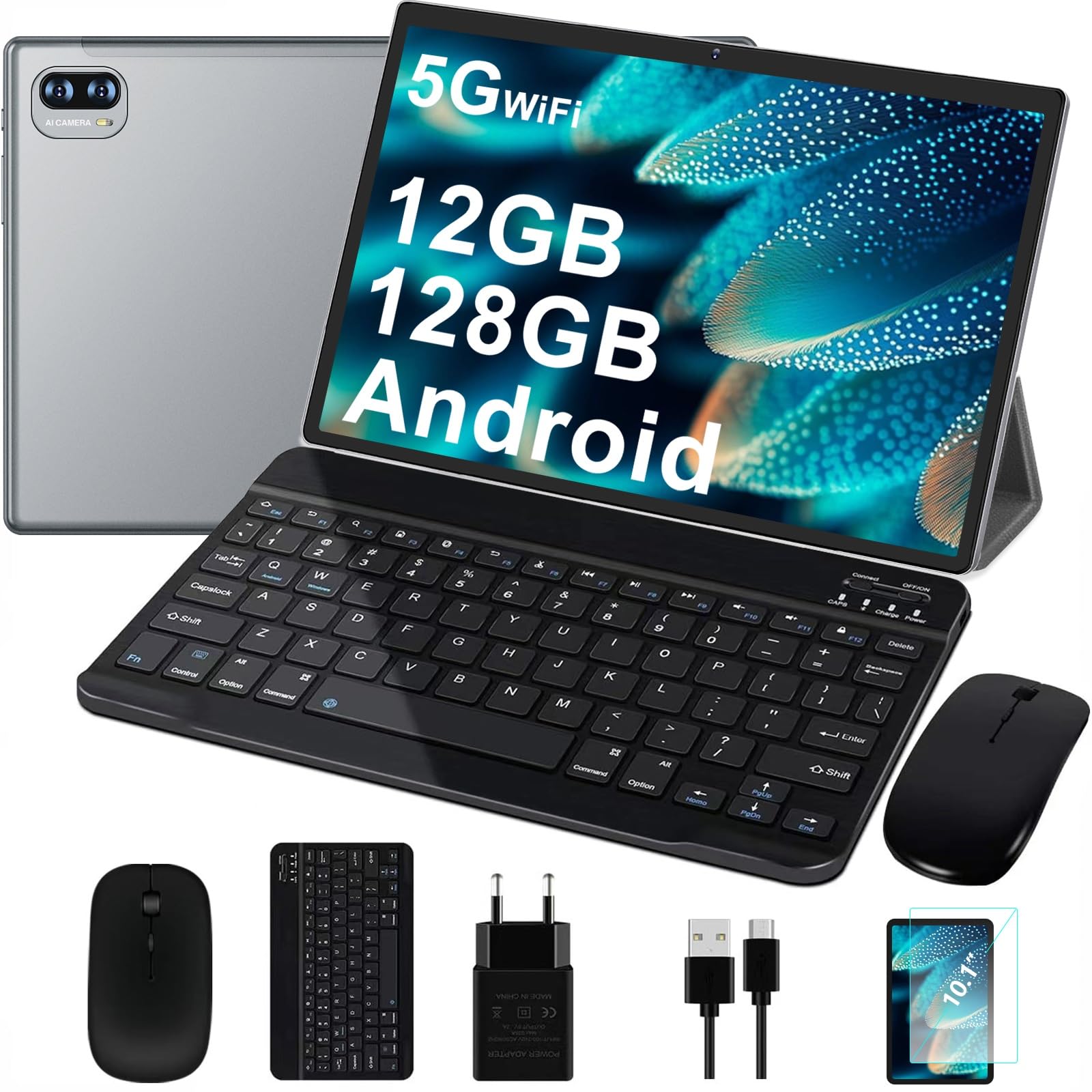 Dghrti Tablet Android, 12GB RAM, 128GB ROM (expandable up to 1TB), 8000mAh, Widevine L1, BT5.0, with Mouse,Protective cover - Gray