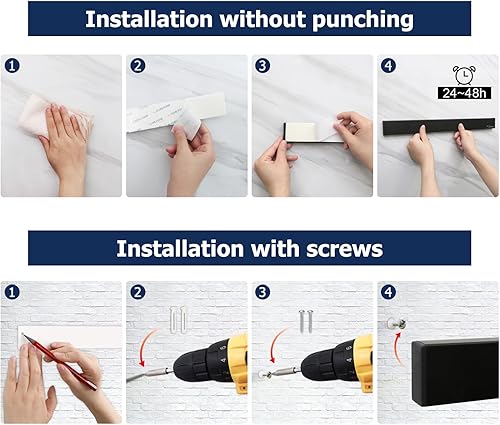 Miniatura 4 de Dmore Soporte magnético para cuchillos para pared, con 2 ganchos, tira magnética negra de 10 pulgadas sin perforación, potente estante magnético