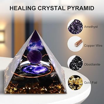 Mokeum Orgone Pyramid for Positive Energy, Amethyst Crystal Sphere Pyramid, Protection Crystals Energy Generator for Stress Reduce Healing Meditation Attract Wealth Luck (Amethyst-Taiji)