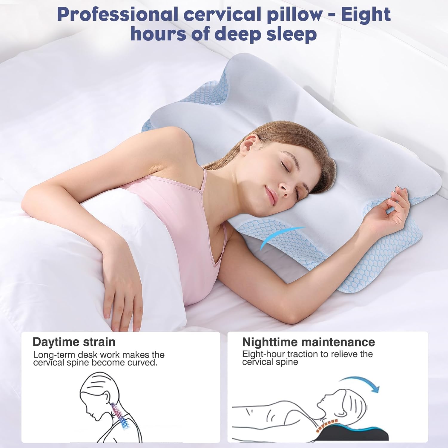 Ergonomic Memory Foam Neck Pillow with Cooling Ice Silk Cover
