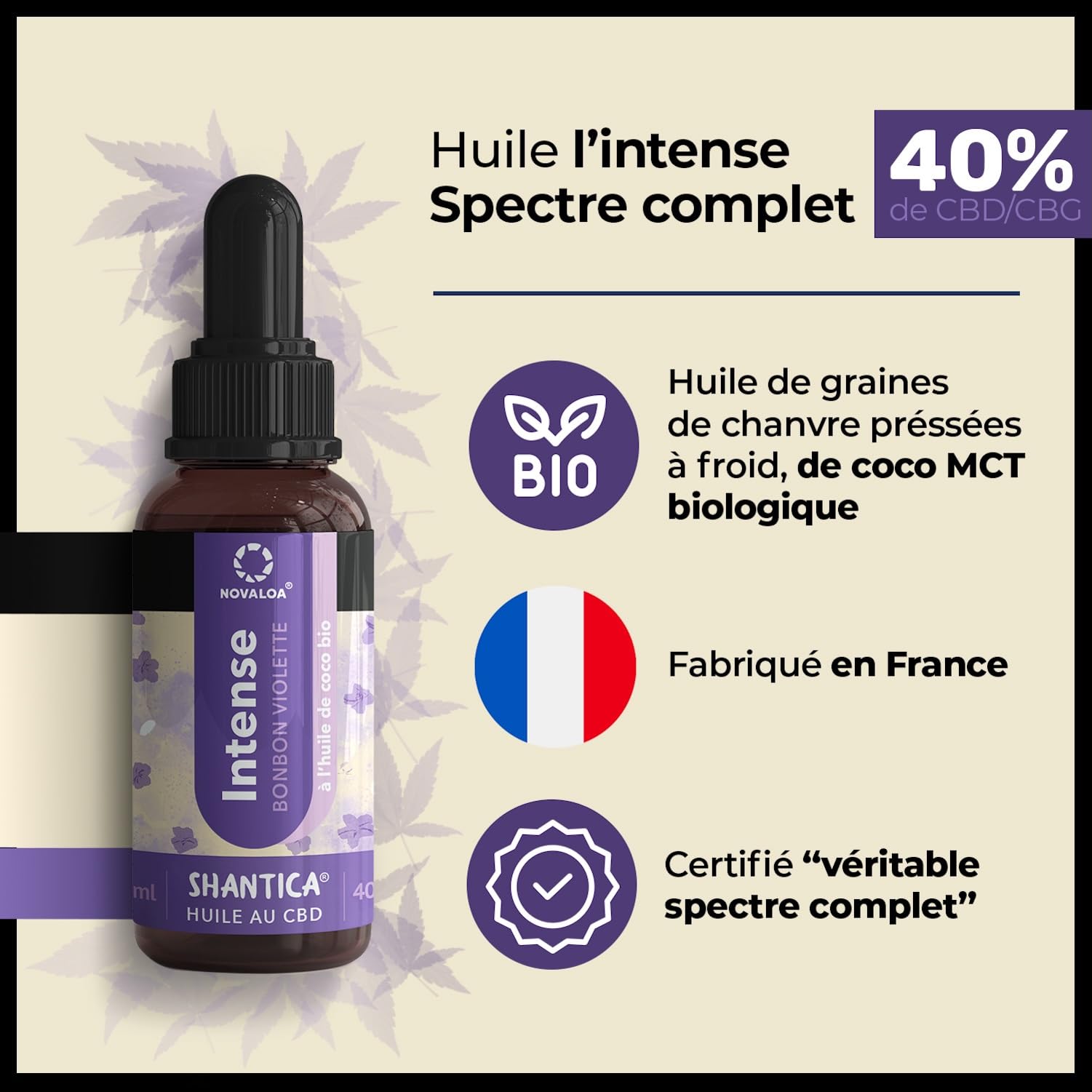 Huile L'Intense - À Partir d'Huile de Graines de Chanvre Pressées à Froid 4000mg - Bonbons Violettes & Fruits Rouges - Fabriquée en France - 10 ml