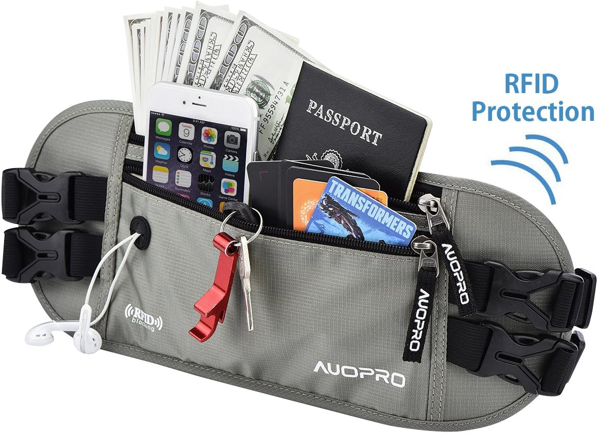 AUOPRO Hidden Travelling Money Belt, RFID Blocking Waist Fanny Pack Bumbag Security Passport Holder Travel Pouch for Ladies Men Women