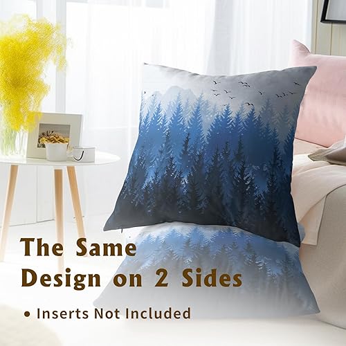 Miniatura 5 de Misty Forest - Fundas de almohada de 20 x 20 pulgadas, 2 fundas de almohada cuadradas de paisaje natural con árboles de bosque azul para decoración