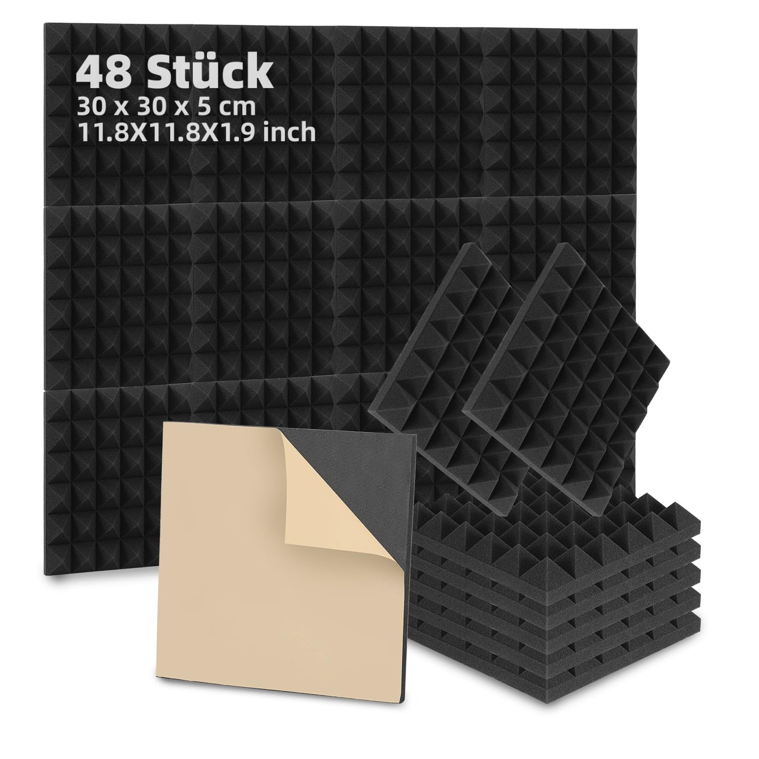 Fiqops 48 Stück Akustikschaumstoff Selbstklebend Akustikpaneele 5x30x30 cm Schalldämmung wand Echo-Fliesen reduzieren,Schallschutz für Tonstudio,Gaming Deko,Podcasts, Schwarz Pyramide