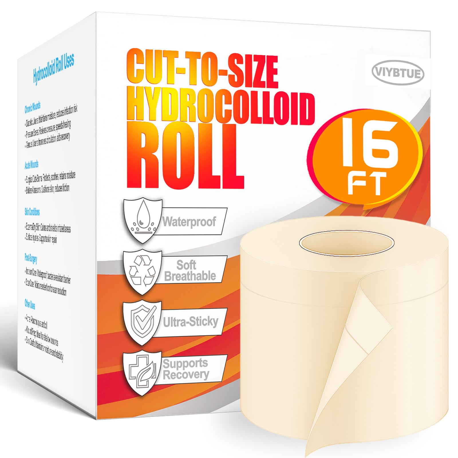 Hydrocolloid Bandages 2in × 16ft – Hydrocolloid Roll, Hydrocolloid Tape & Hydrocolloid Patch for Wound Care, Blister Bandages for Feet & Heels, Waterproof & Cut-to-Size