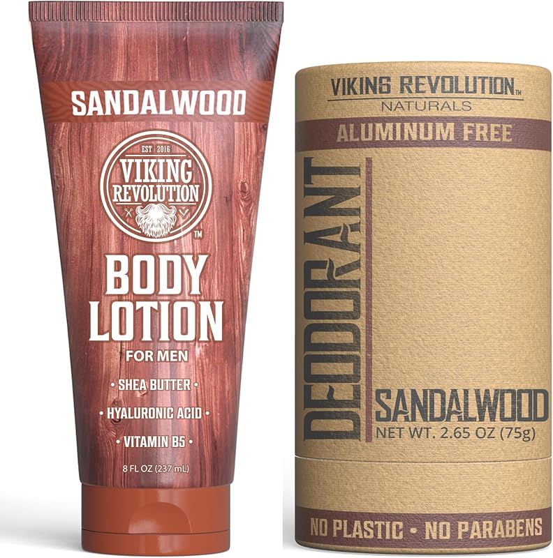 Viking Revolution Sandalwood Deodorant for Men and Sandalwood Body Lotion for Men - Aluminum Free with Shea Butter and Tapioca Starch - Mens Lotion with Shea Butter and Hyaluronic Acid (2.65oz + 8oz)