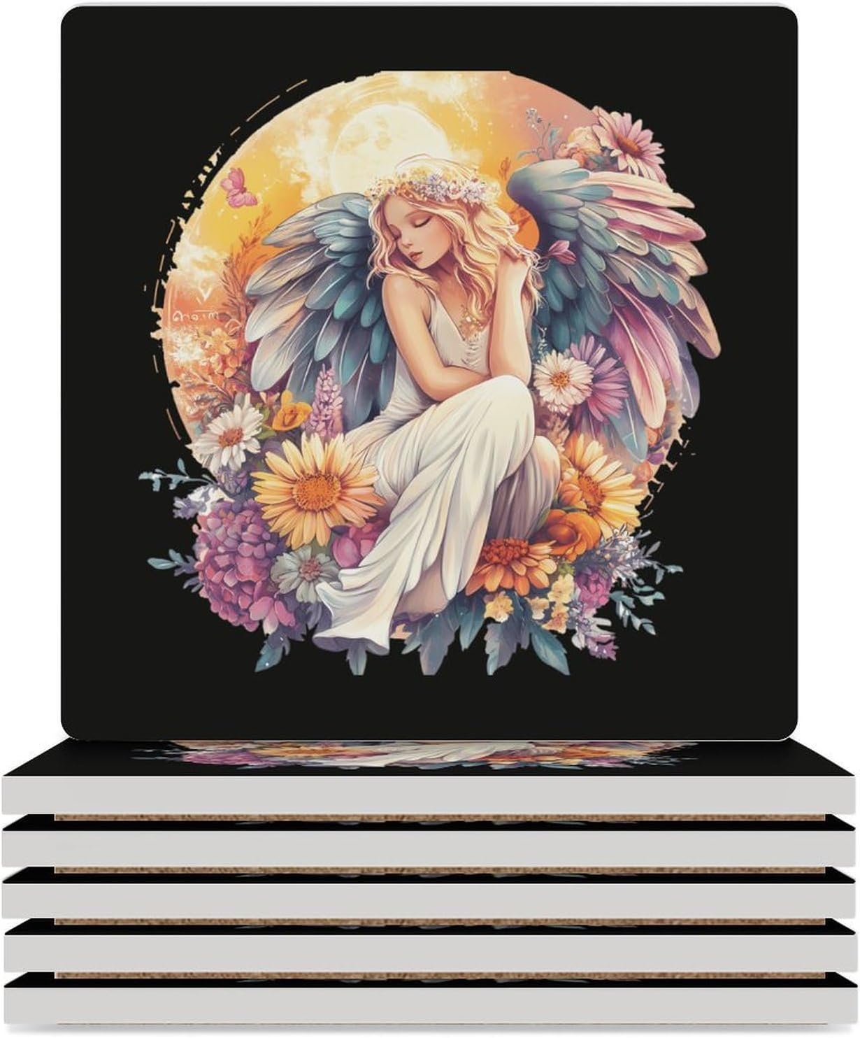 Angelsflowers Coasters for Drinks Square Table Coasters Set Cup Mats with Cork Base