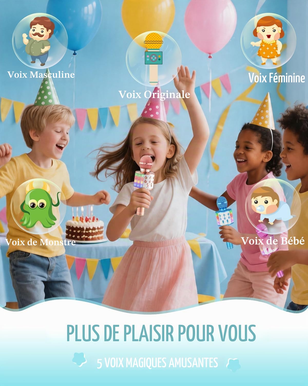 Microphone de Karphone Bluetooth Sans Fil Avec Des Lumières LED Portables Chant de la Machine de Haut-Parleur Karaoké Toys Pour Enfants Adultes (Bleu+Champagne, 10 Housses de Microphone Jetables)