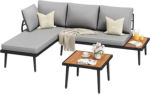 Greesum Juego de sofá modular para exteriores, muebles de metal en forma de L para patio con cojines para todo tipo de clima y mesa auxiliar lateral