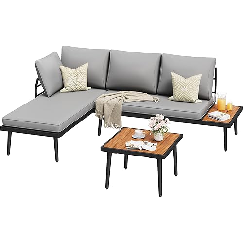 Greesum Outdoor Sectional Sofa Set L-Shaped Metal Patio Furniture with All-Weather Cushions and Built-in Side Coffee Table for Garden, Gray