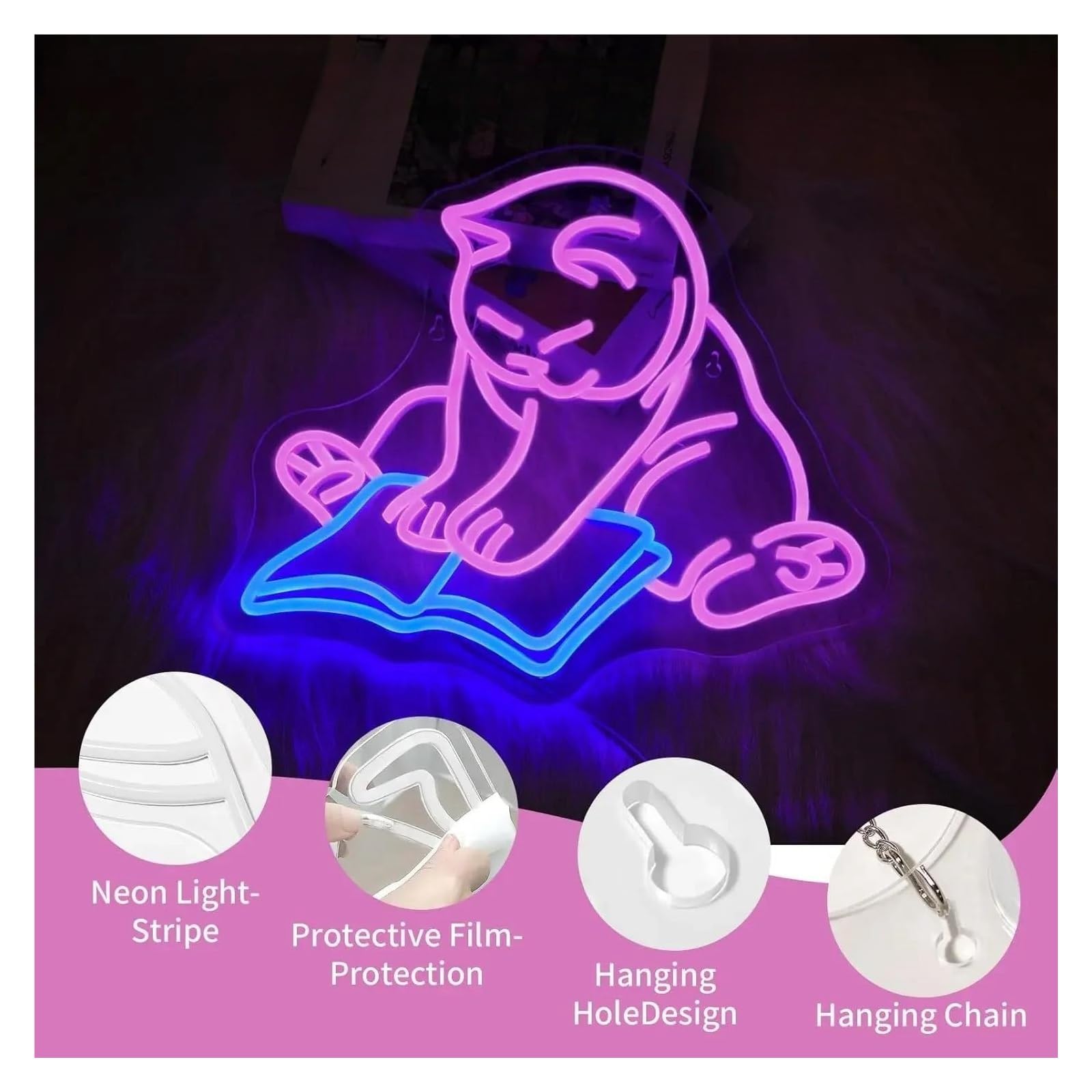 LED néon signe Panneau Néon Led Pour Livre De Lecture De Chat Alimenté Par USB Intensité Variable, Pour Mur Lumière Intérieure Décoration De Salle Vacances 35cm×31.7cm