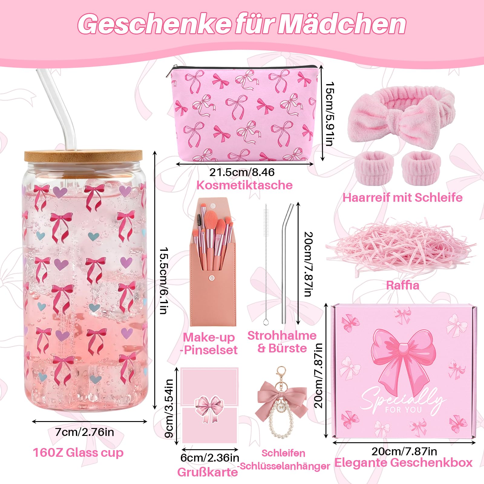 Cadeaux pour Filles de 9 10 11 12 13 14 15 16 Ans,Coffret Cadeau Femme,Anniversaire Fille Trousse, Verre, Pinceaux Maquillage Bandeau, Carte