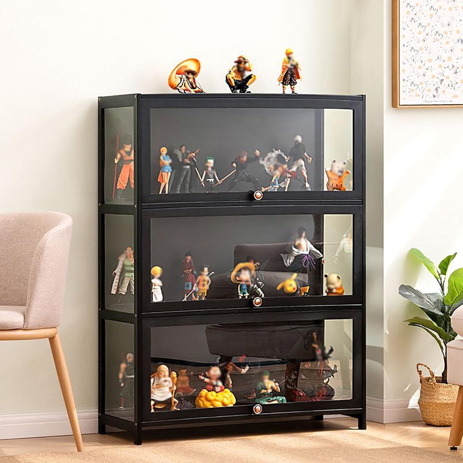 80x33x106cm Vitrina De Coleccionista, 4 Capa Vitrinas De Cristal, Vitrina Expositora para Colecciones Fácil De Limpiar para Figuras Coleccionables, Negro/Transparente por Tres Lados
