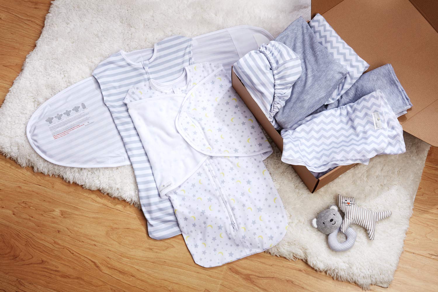 BreathableBaby 7-Piece Baby Gift Set Collection in Gray/White, Gender Neutral, Perfect Shower Gift, 2 Adjustable Swaddle Trios 3-in-1 (arms-up, arms-down, arms-out), 2 Swaddle Blankets, 3 Crib Sheets