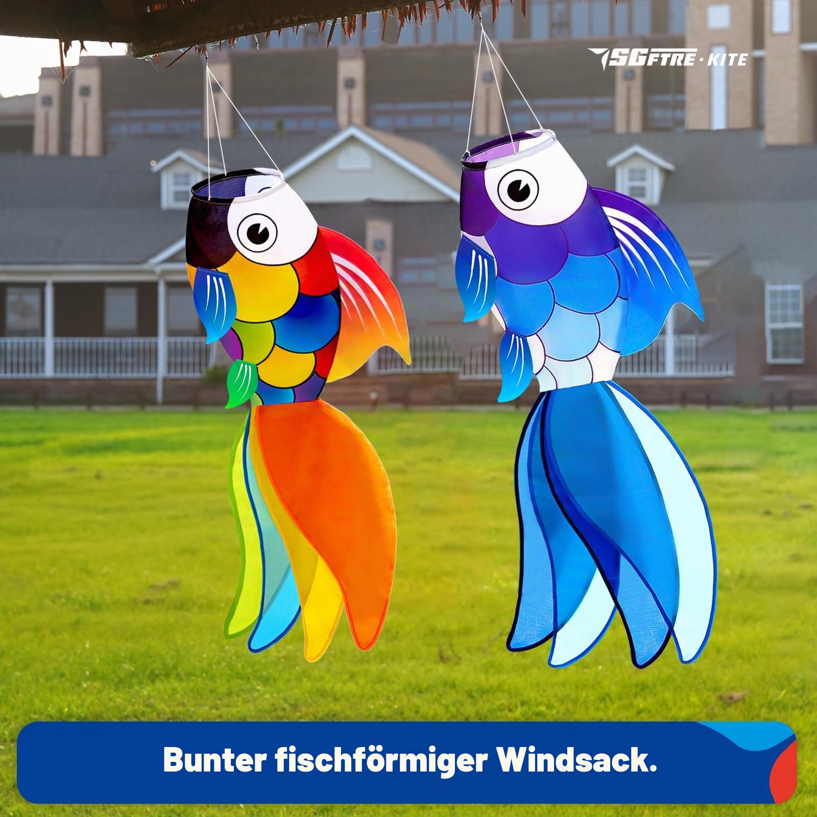 SGftre Fisch-Windsack - Hochwertiger Windsack für draußen, wasserfest & leicht zu befestigen - Perfekte Deko für Garten, Balkon, Strand, Boot & Angeln (2, Fisch-Windsack - bunt + blau)