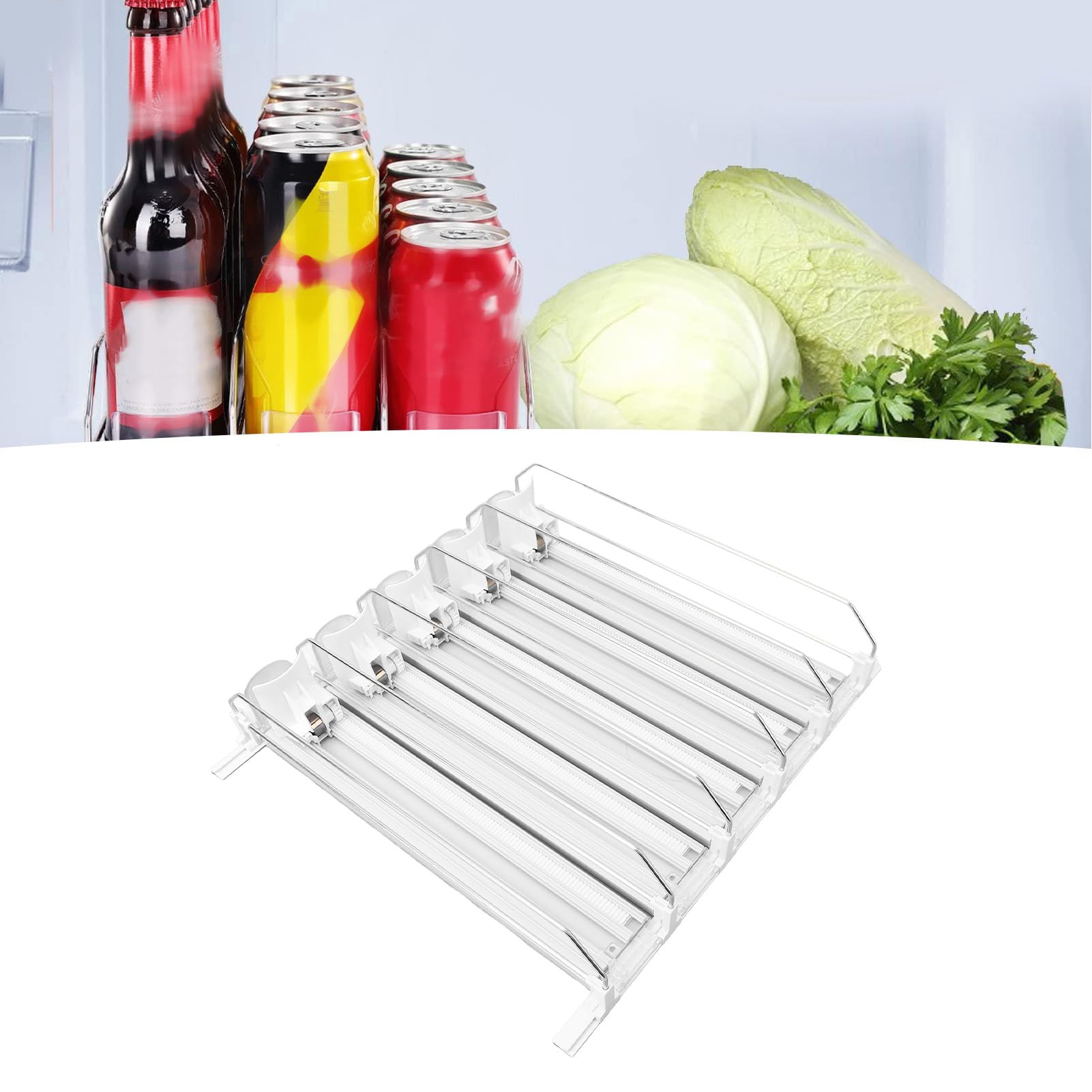 Organizador de Bebidas para Nevera, 5 Unidades, Dispensador Automático de Latas de Refresco con Empuje Automático, Ancho Ajustable, Organización de Nevera, Lata de Cerveza, Botella de Agua,(Blanco)