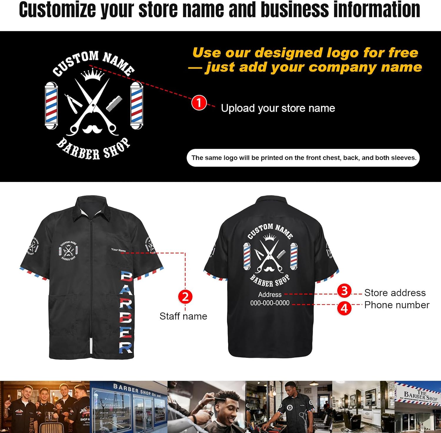 Custom Barber Jacket for Men – Black Zipper Smock, Personalized Work Shirt with Salon Logo & Name, Barbershop Uniform