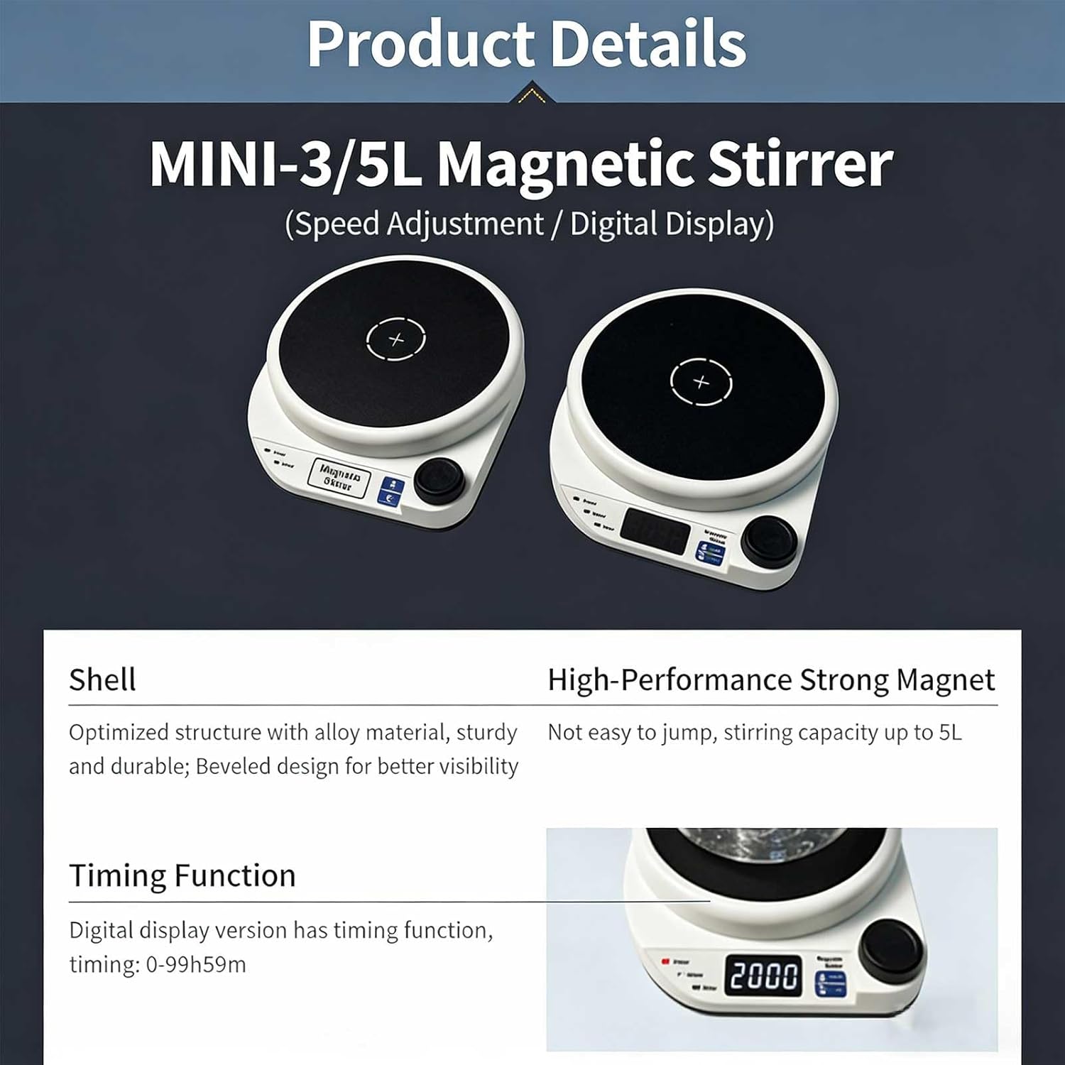 MINI-3/5L Magnetic Stirrer (Optional Digital Display) – 200-2000 RPM Stepless Speed, 3/5W Brushless Motor, Up to 5L Capacity for Lab/Small-Scale Experiments(5L,Digital Display)