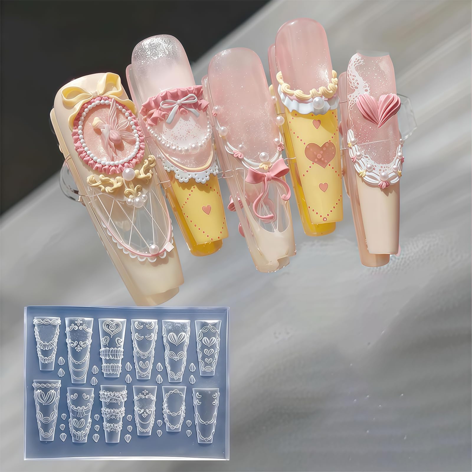 Silikon Stampi per Unghie 3D, Crema Pizzo Design Unghie, Charms Unghie Strumenti in Silicone, Decorazioni per Unghie Accessori per Nail Art