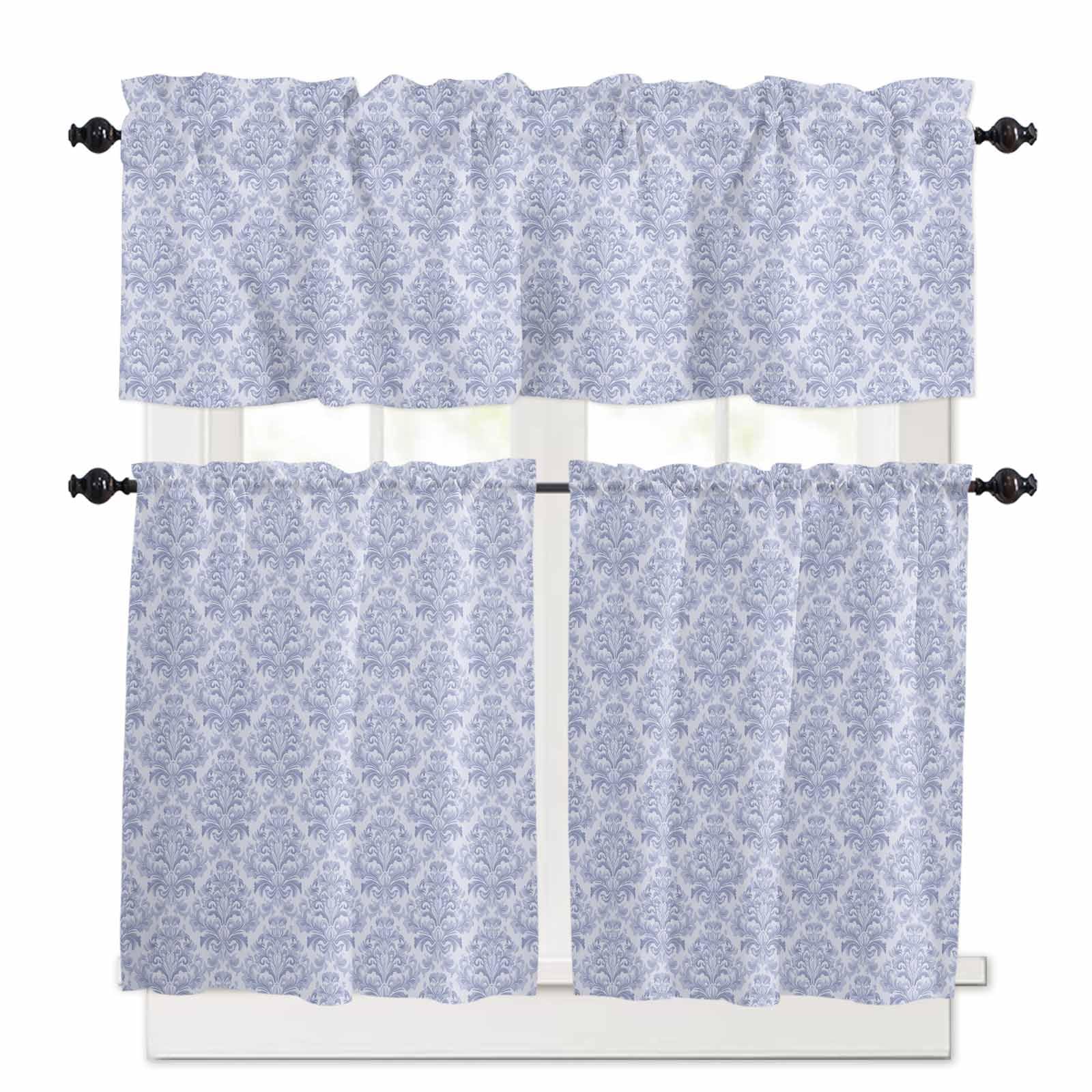 Blue Baroque Kitchen Curtains 24 Inch Length, 3 Piece Rod Pocket Small Half Tiers and Valance Set, Luxury Middle Century Scroll Flowers Small Large Window Treatment Decor for Bedroom/Bathroom Sink
