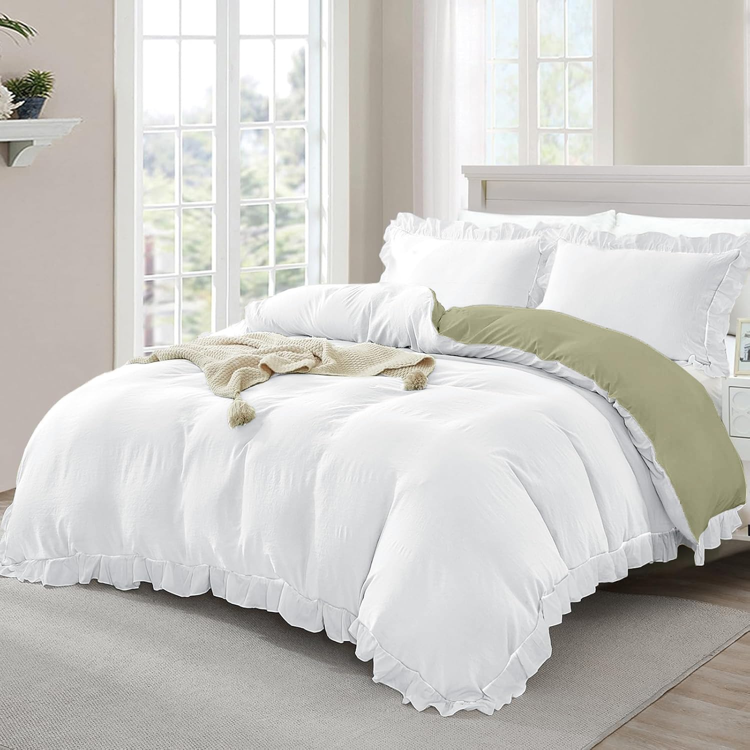 Funda de edredón de microfibra premium con elegantes volantes verde y blanco para cama de 200x200