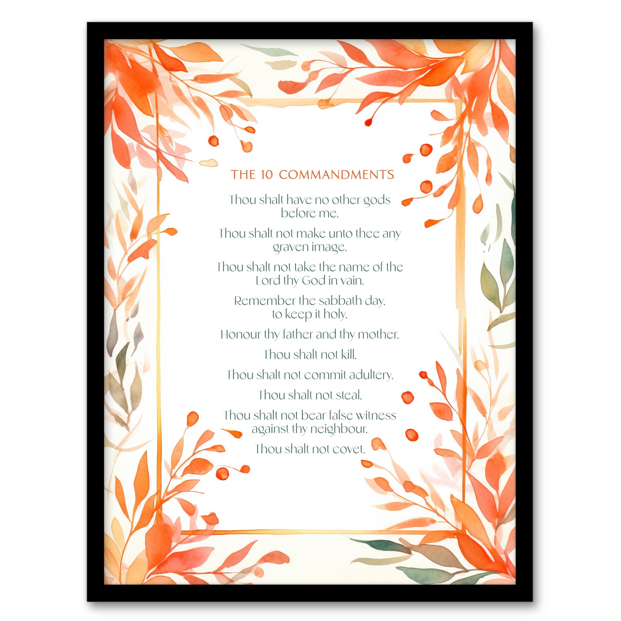 Artery8 The 10 Ten Commandments Orange Exodus Old Testament Jesus Christ Christian Bible Faith God Quote Revelations Flowers Artwork Artwork Framed Wall Art Print A4
