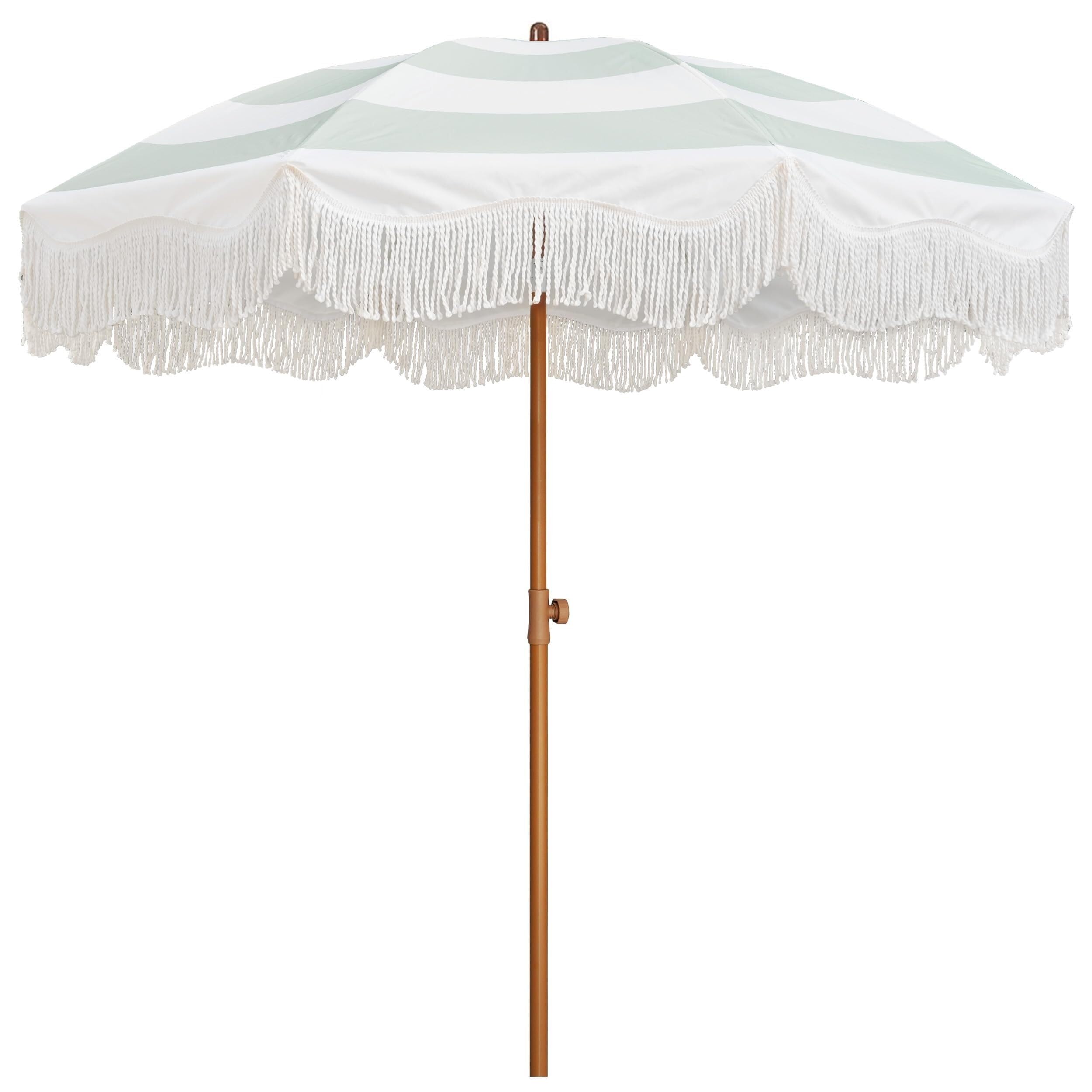 Parasol à Frange, Parasol Plage Parasol de Pique-Nique Boho à Franges, 2 m, UPF 50+, avec Pompons, mât en Acier et Bouton-Poussoir inclinable
