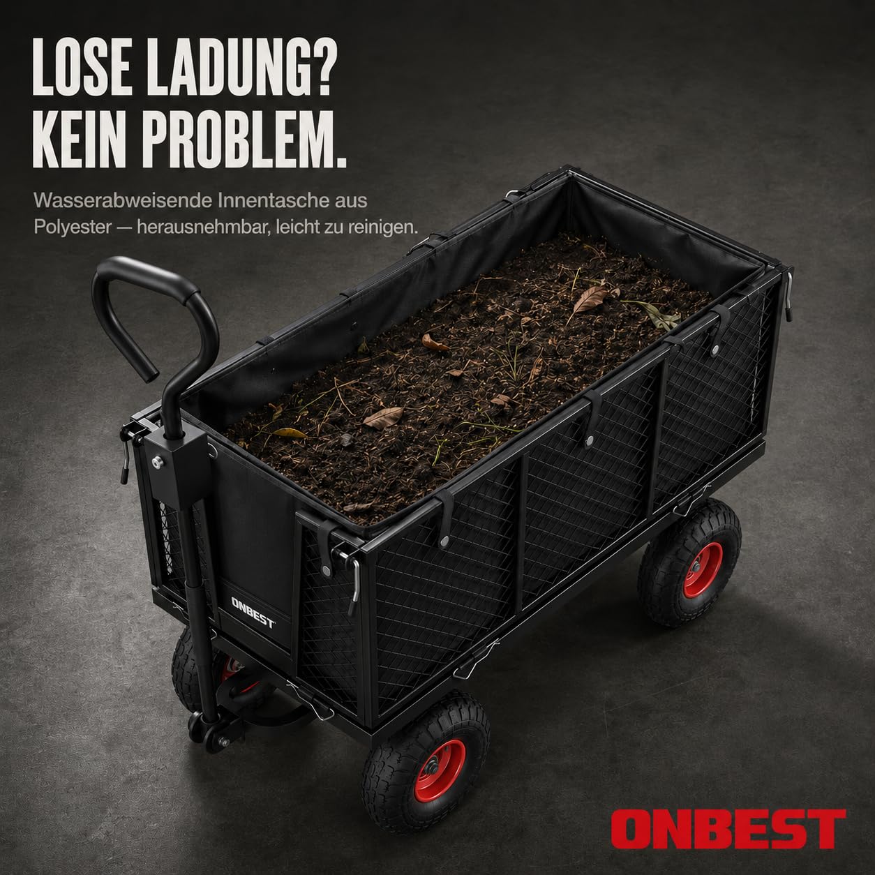 ONBEST Bollerwagen 550 kg – Gartenwagen mit klappbaren Seitenwänden | Großer 205 L Gitterkorb aus Metall – Outdoor-Transportwagen und Lastenwagen für Garten, Hof und schwere Transporte