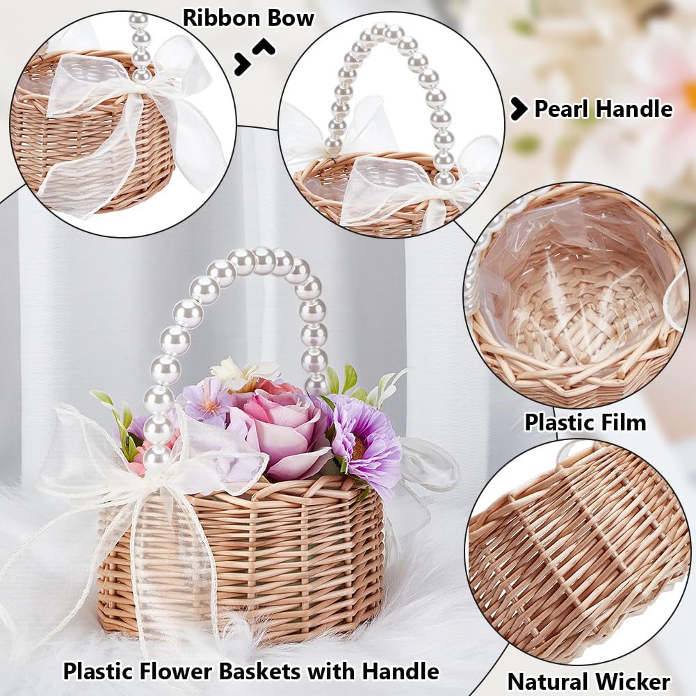 6 panier à Fleurs en Rotin Tressé Petit Panier en Rotin Tressé avec Anse en Perle Nœud en Ruban et Doublure en Plastique. Paniers à Fleurs Féeriques Paniers Tressés pour Œufs et Bonbons