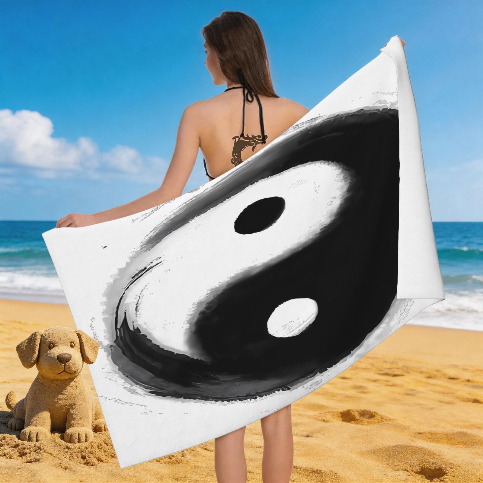 Leichong 3D Yin Yang Symbol Beach Towel Large Microfiber Soft Quick Dry for Adults, Zen Bath Towel Lightweight Soft Absorbent for Travel Swimming Pool Sports, 80 x 160 cm