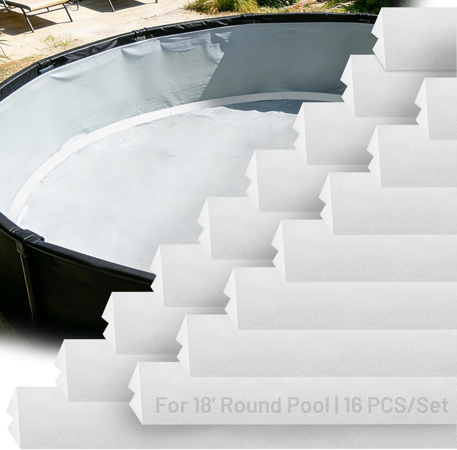 Peel and Stick Above Ground Pool Cove Foam, 16 Pack – 46.5-inch Liner Protection & Floor Support – Made of High-Density Waterproof Foam – for 18' Pools, Easy to Install Above Ground Pool Accessories