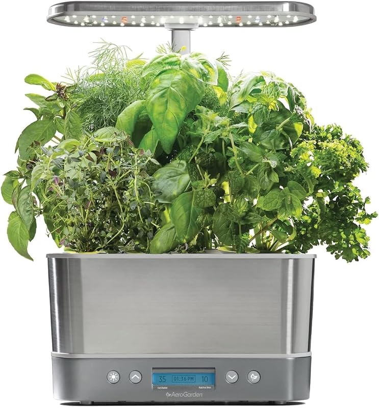 AeroGarden Harvest Elite, acero inoxidable | Jardín interior con luz de cultivo LED y kit de cápsulas de semillas