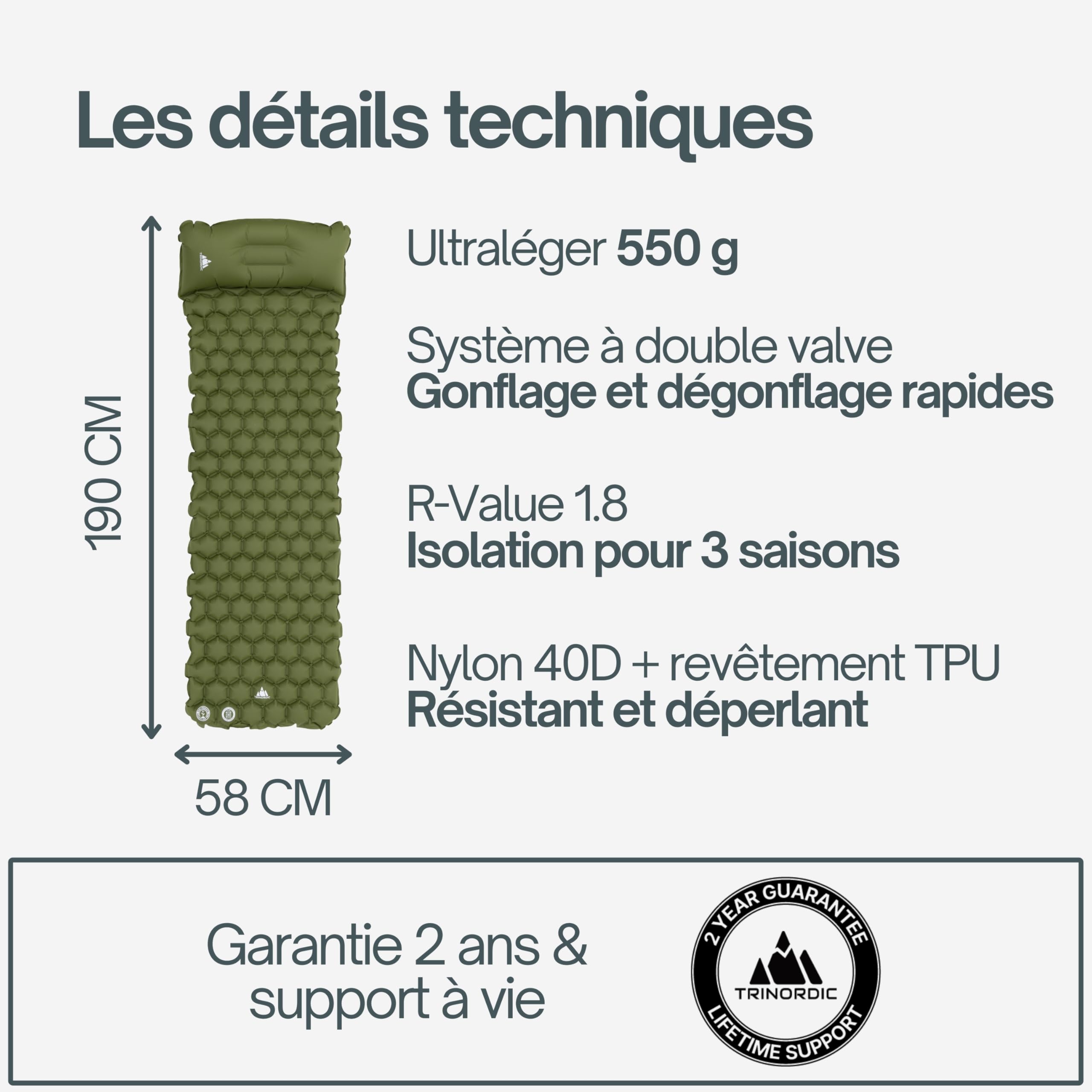 TRINORDIC Tapis de Camping Gonflable Ultraléger avec Oreiller - Matelas Pneumatique Simple pour Un Confort Optimisé - Matériel de Camping Durable et Léger pour Aventures en Plein Air