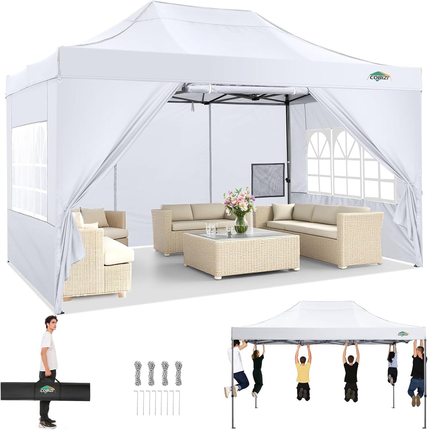 COBIZI 10x15 Heavy Duty Pop Up Canopy Tent with 4 Sidewalls Thicken Frame, Commercial Easy Up Outdoor Wedding Party Tents, All Season Waterproof Windproof with Stakes Sandbags Ropes Bag, White