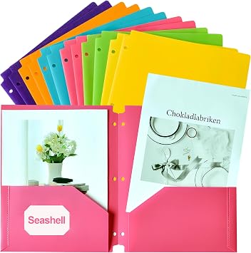 Seashell 12 Pack Plastic 3 Hole Punch Folders with Two Pockets, Heavy Duty 2 Pocket Folders with Business Card Slot for Letter Size Paper, Assorted Colors, for Office and School Use