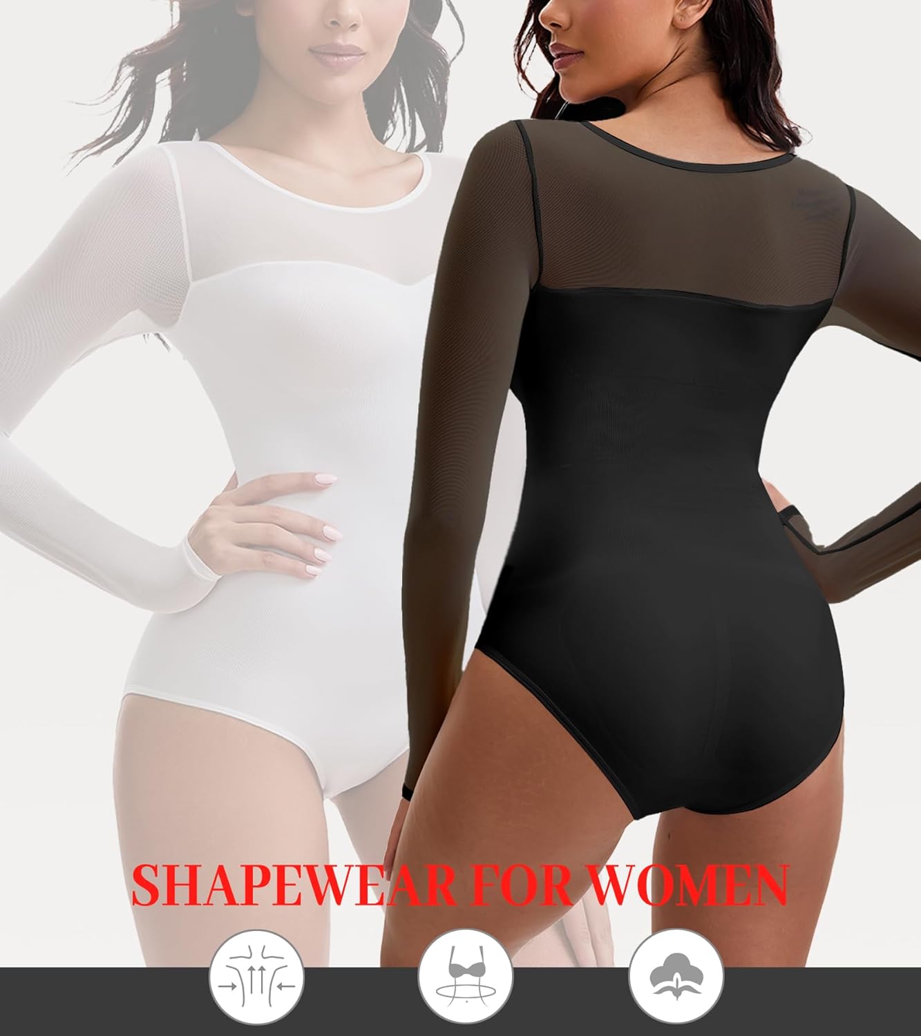 Women Mesh Long Sleeve Shapewear Bodysuit for Tummy Control Seamless Body Suits - Image 5