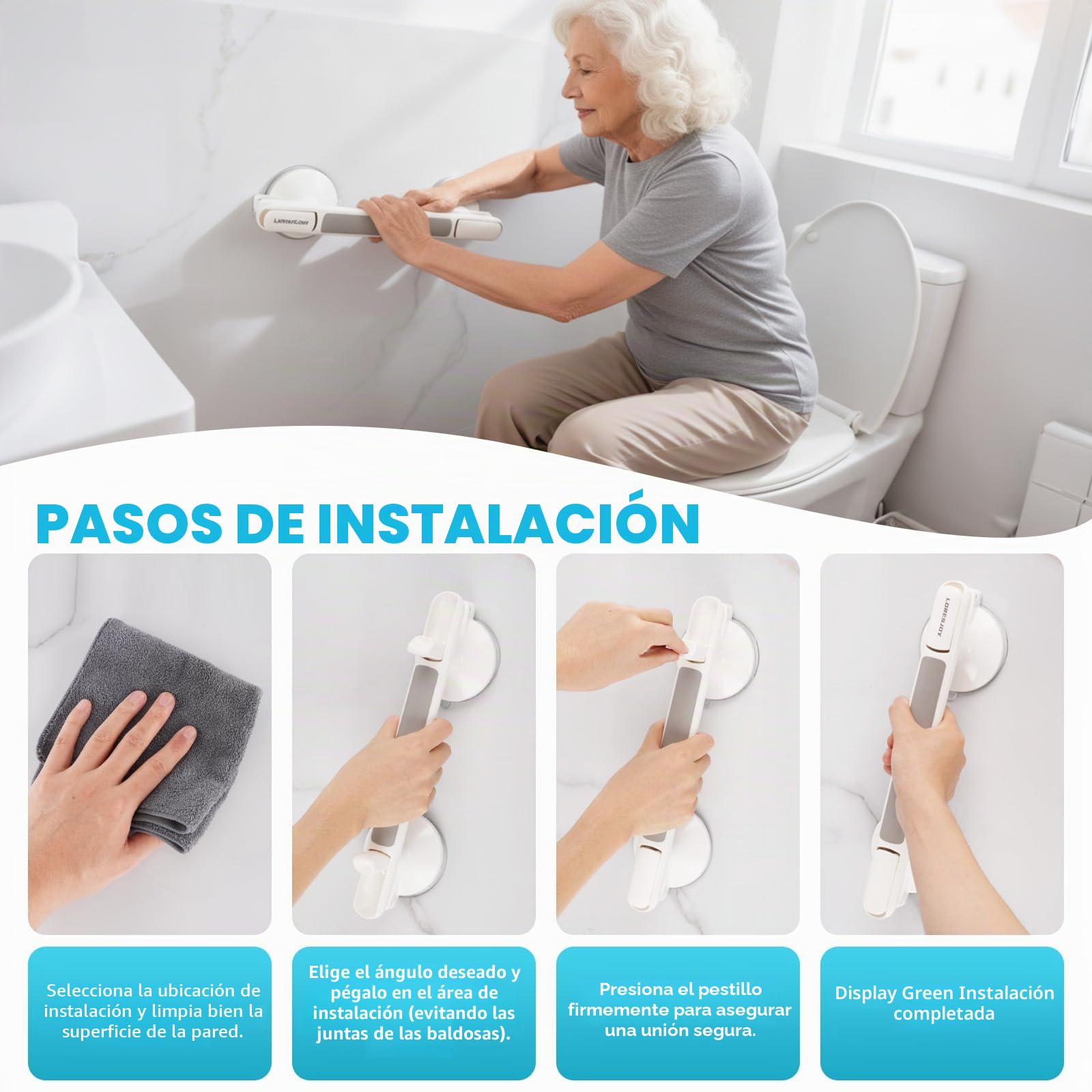 33 CM Agarraderas de Baño con Ventosa y Indicator (2 Piezas) | Agarraderas Baño para Mayores, Asidero Ducha de Succión, Agarrador Ducha Personas Mayores, Agarre de Seguridad