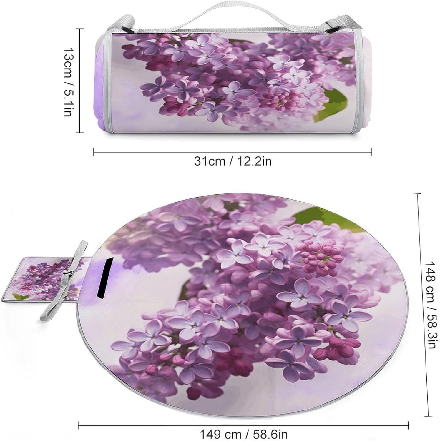 Lilac Flowers Picnic Mat Lightweight Waterproof Picnic Blankets Extra Large Picnic Outdoor Blankets Foldable Sandproof Beach Blanket for Park Beach Camping Courtyard 58.3''x58.3''