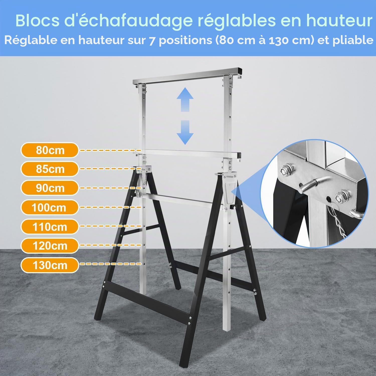 Lot de 2 tréteaux de travail réglables en hauteur sur 7 niveaux (80-130 cm), Tréteau d'échafaudage 400 kg par paire, pliable pour la maison, l'atelier et le jardin, noir