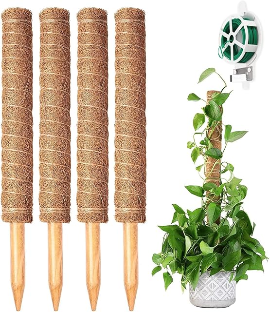 YAUNGEL Moss Stick, 4 Pcs 41CM Moss Pole Plant Support Totem Pole Plant Climbing Coco Coir Poles with 20M Twist Ties to Support Indoor Plants to Grow Upwards