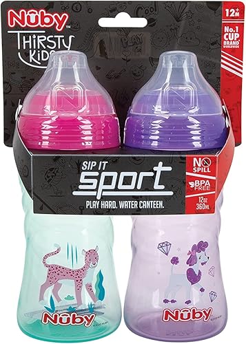 Miniatura 4 de Nuby Paquete de 2 tazas deportivas sin derrames para niños sedientos sin derrames con boquilla suave y tapa 12 onzas más de 12 meses 2 unidades