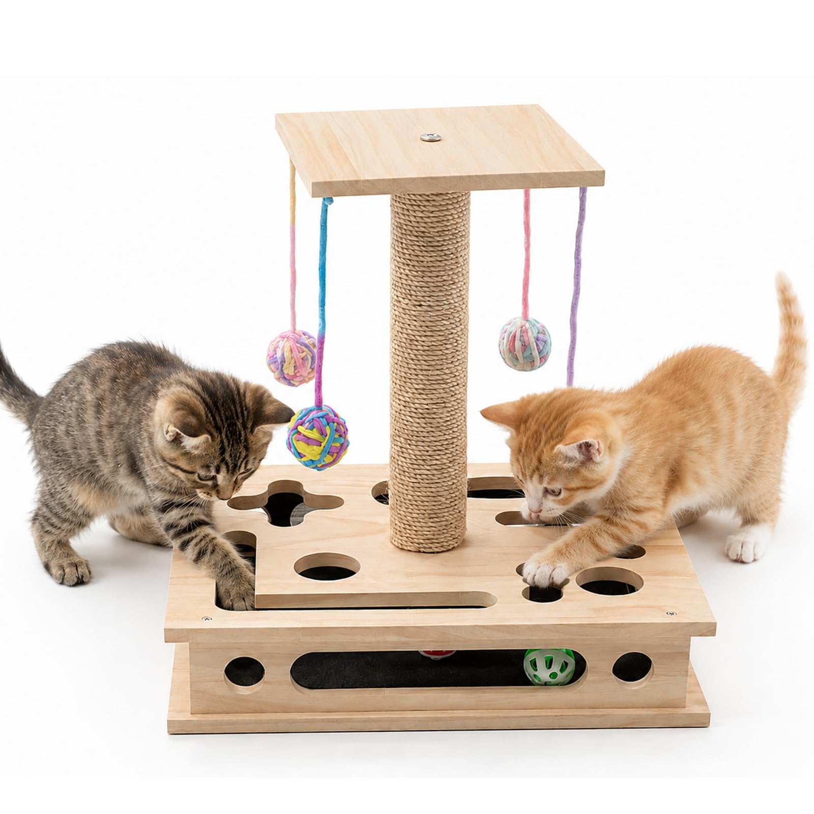 Large Solid Wood Cat Scratch & Nail File Enrichment Box, External Scratching Post with 4 Hanging Yarn Balls, Built-in Sandpaper, Includes 3 Bell Balls, Play Outside & File Inside