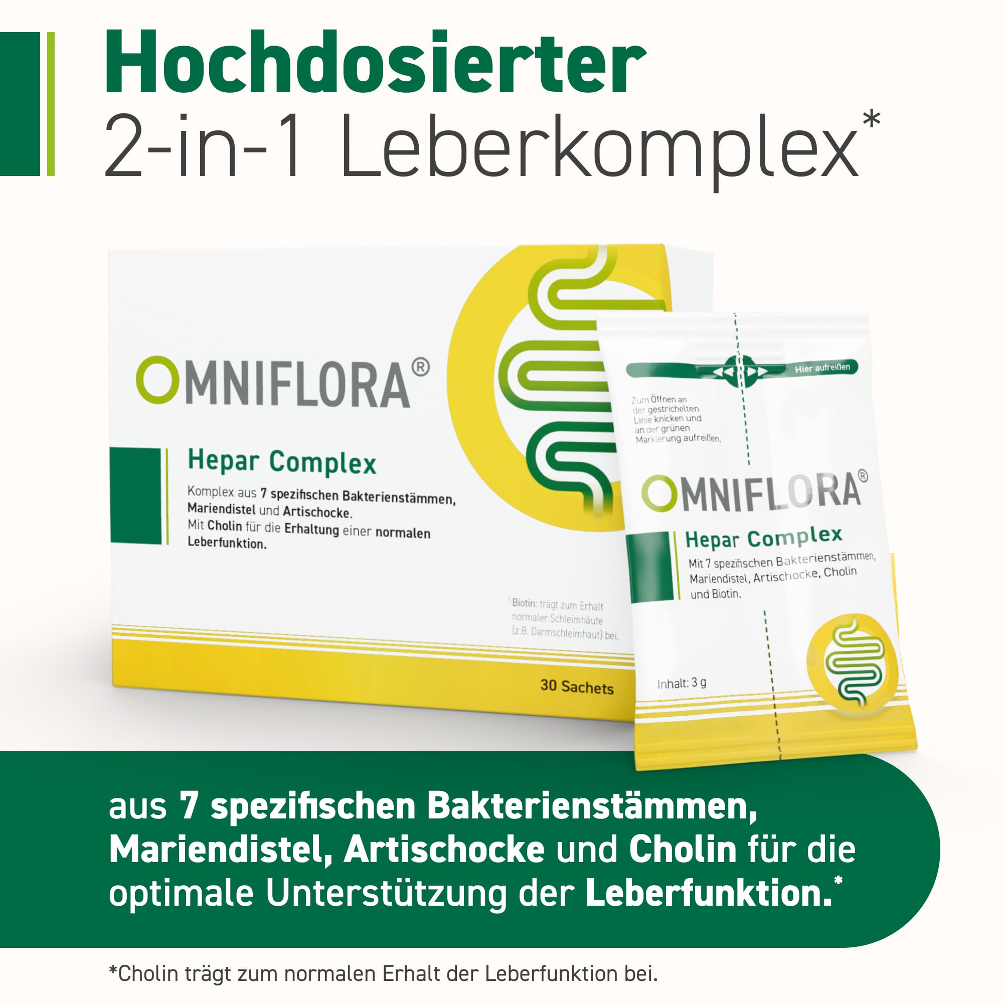 Omniflora Hepar Complex – Mariendistel, Cholin & 7 Kulturen – 30 Sachets | Cholin für eine normale Leberfunktion · Mit Mariendistel, Artischocke & 7 Bakterienkulturen · 2-Kammer-Sachet · Glutenfrei