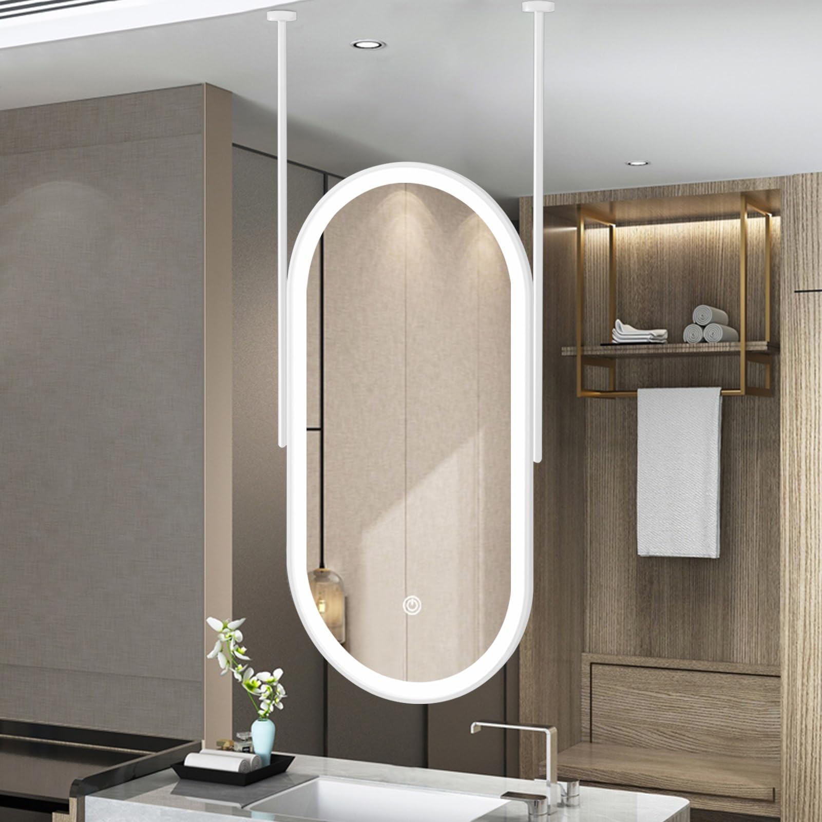 SXFSDOU Oval Bathroom Mirror with LED Light, Customizable Ceiling Wall Mounted Mirrors for Home or Hotel Vanity Make-up Shaving Mirrors, Floating HD Mirror, White(50cmx60cm)