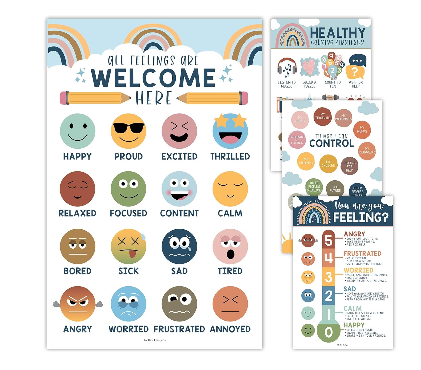 Emotions Chart for Kids - Feelings Poster for Social Emotional Learning, Calming Corner Decor, Classroom & Counseling Office, Boho Style