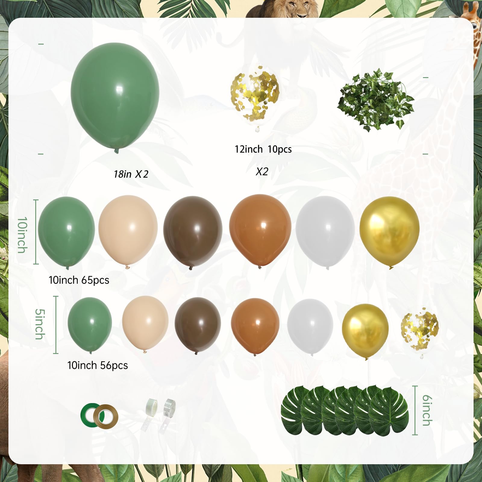 PERPAOL 140 pcs Jungle Safari Balloon Garland Kit, Sage Green Brown Safari Wild One Balloon Arch with Animal Print Balloons Palm Leaves for Wedding Woodland Tropical Birthday Shower Decorations